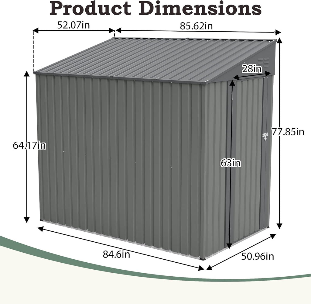 4x7 FT Lean to Shed with Single Lockable Side Door, Outdoor Metal Storage Shed, Sloping Roof Galvanized Utility Steel Tool Shed for Garden, Patio, Lawn & Backyard