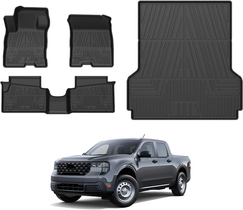 Mixsuper Floor Mats Bed Mat for Ford Maverick 2026 2025 2024-2022 (Not fit Hybrid), All Weather 2 Row Foor Liners & Truck Bed Liner Maverick Accessories Set Black