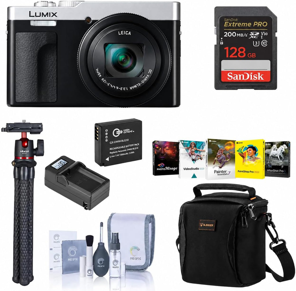 Panasonic LUMIX ZS99 Black Compact Point and Shoot Digital Camera (DC-ZS99K) Bundle with - 128GB SD Card, Shoulder Ba, Extra Battery, Tripod, Photo Video Software, Care Kit (Silver)