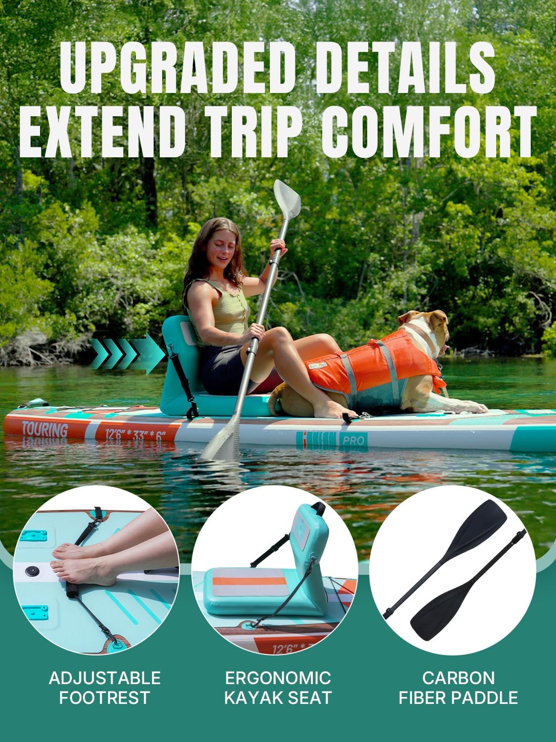 Niphean PRO (Extra Large) Inflatable Paddle Board with Seat, 11'6'/12'6' Stand Up Paddle Board with Pressure Gauge, StabilTrac Fin, Upgraded All-Round/Touring SUP for Adult Adventures, 2+1 Person