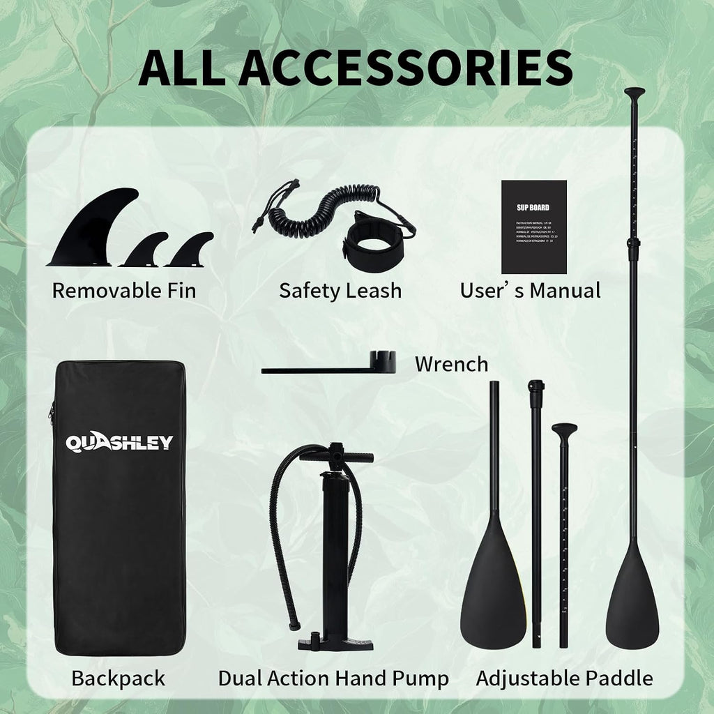 Quashley Inflatable Paddle Board Extra Wide Stand Up Paddleboards 11'×34' with All Premium Paddle Board Accessories,Inflatable SUP for Adults/Family,Beginner-Friendly,Removable Fin,Hand Pump