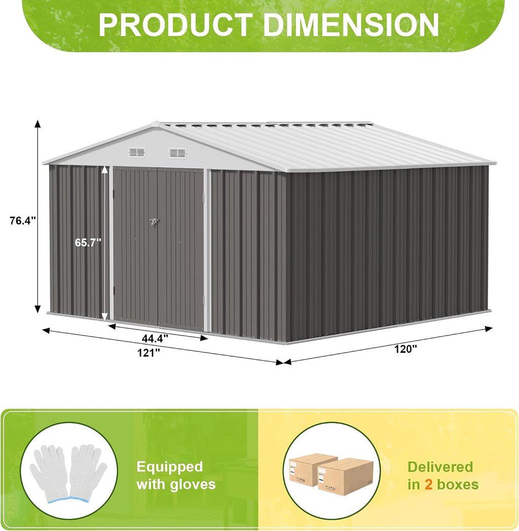 JUMMICO 10 x 10 FT Outdoor Storage Shed, Large Metal Garden Shed (Grey)