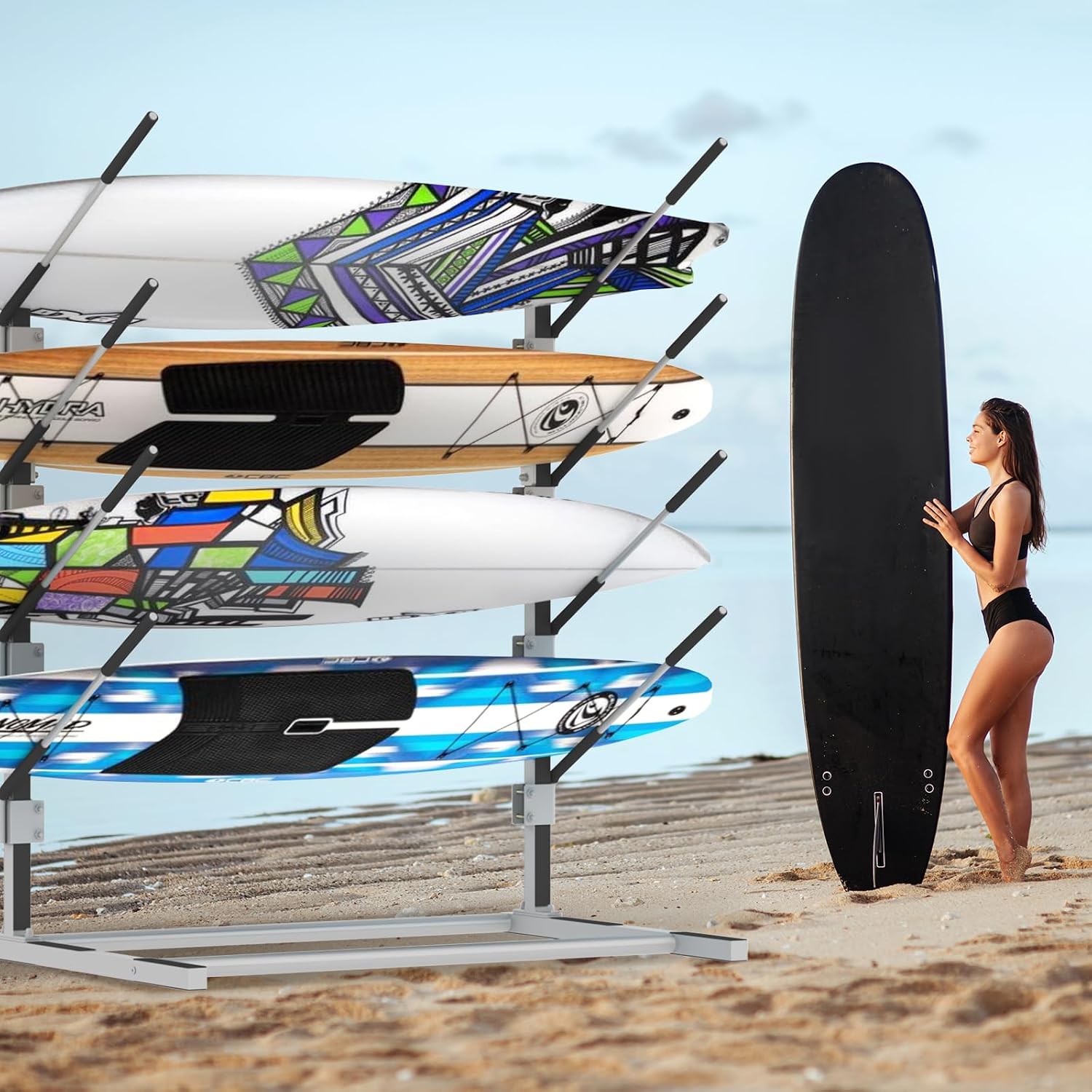 4-Tier Freestanding Surfboard Rack, Watersport Kayak and Kayaks Rack with Two Silicone Mat, Kayak Storage Rack for SUP, Surfboard, Paddle, Ski, Skateboards