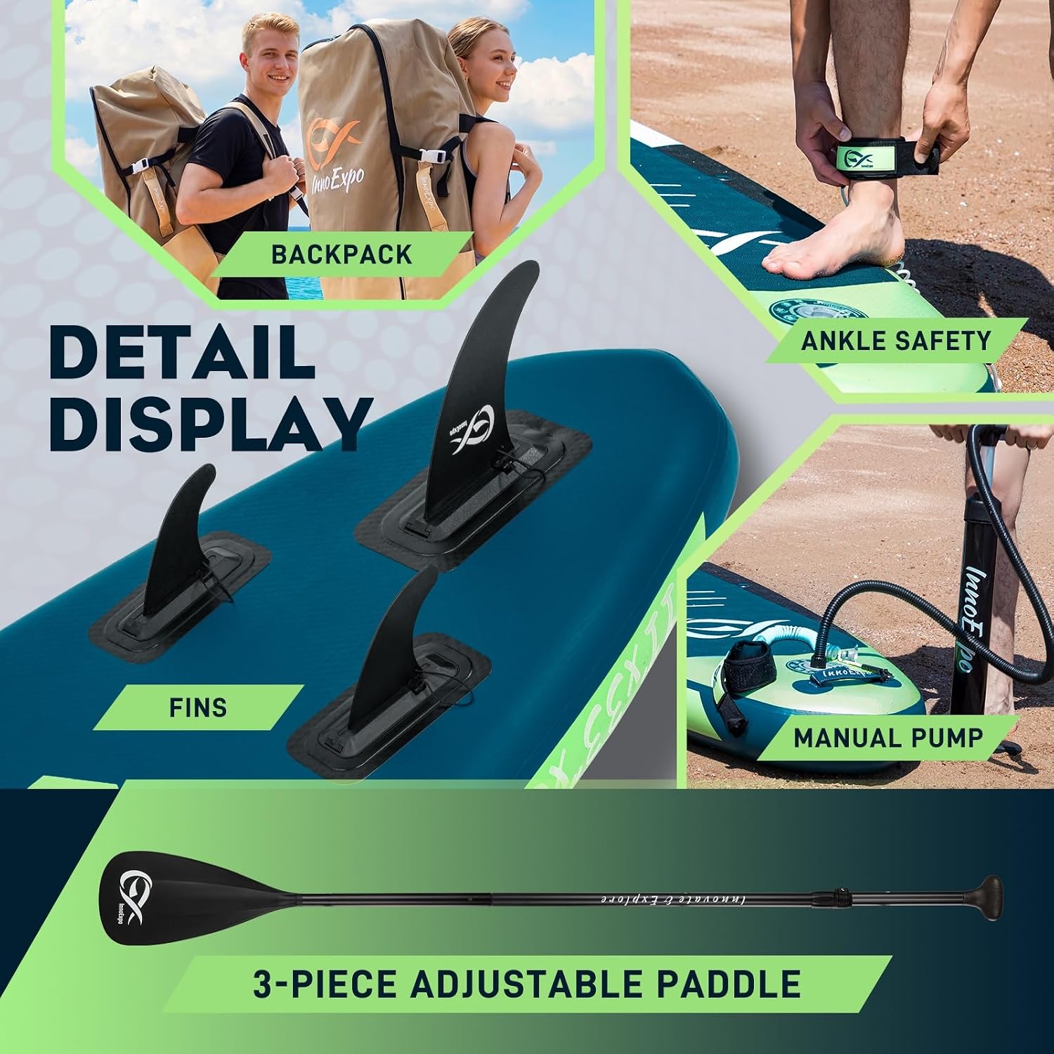 InnoExpo 11' Inflatable Stand Up Paddle Boards with Premium Accessories, Wide Stable SUP Paddle Board Design, Non-Slip Comfort Deck for Youth & Adults