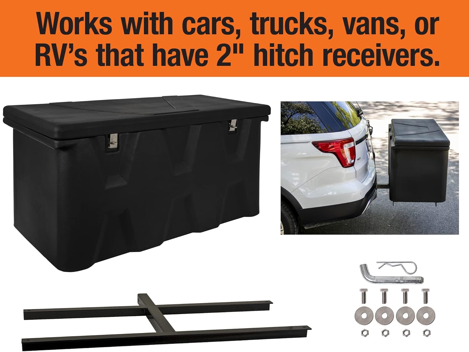 Buyers Products 1707020 Poly Hitch Mounted Cargo Carrier, 23x51x26, Includes Polyethylene Chest, Steel Frame, 5/8in. Hitch Pin, Waterproof Truck Bed Storage & Tool Box, Fits 2 in Receiver, Made in USA