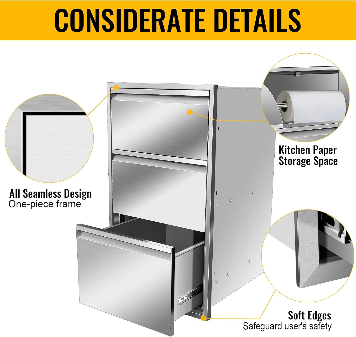 Outdoor Kitchen Stainless Steel Triple Access Drawers 17W x 30H x 21D with Paper Towel Holder Combo for Outdoor Kitchen Island or Grill Station