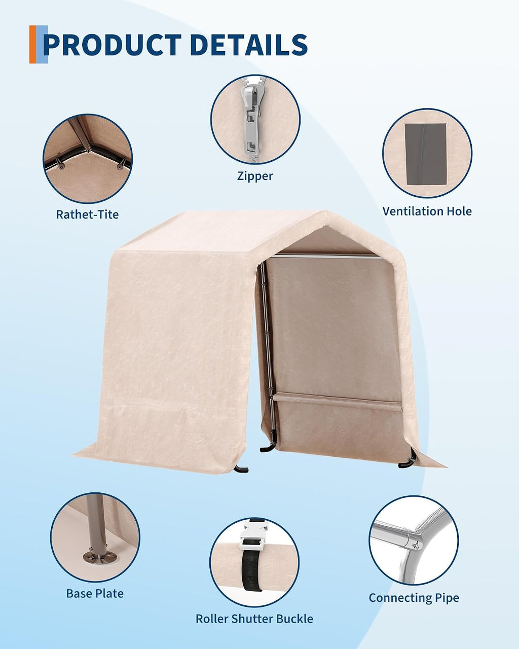 6x6FT Outdoor Portable Storage Shed with Roll-Up Door & Vent, 240G Heavy-Duty Shelter Waterproof PE Tarp, UV-Resistant Storage Sheds for Motorcycle, Firewood, Garden and Tools, Gray (Khaki, 6x6FT)