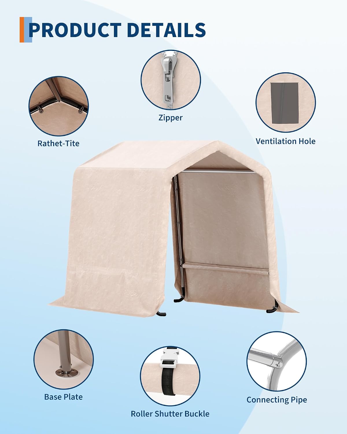 6x6FT Outdoor Portable Storage Shed with Roll-Up Door & Vent, 240G Heavy-Duty Shelter Waterproof PE Tarp, UV-Resistant Storage Sheds for Motorcycle, Firewood, Garden and Tools, Gray (Khaki, 6x6FT)