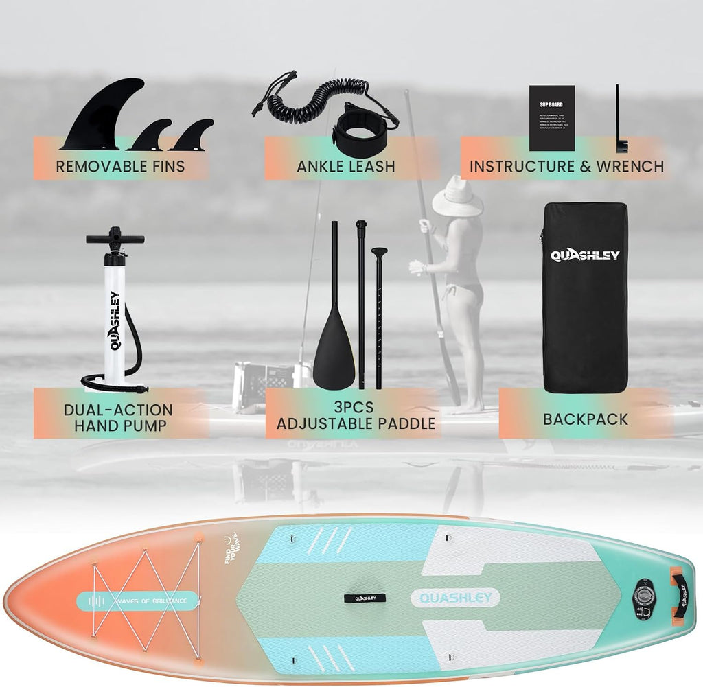 Quashley Inflatable Stand Up Paddle Board,Inflatable Paddleboards 32/34 Inch Wide,All Around SUP for Beginners with Lightweight Paddle,Hand Pump,Backpack,Leash,Durable & Portable iSUP Board