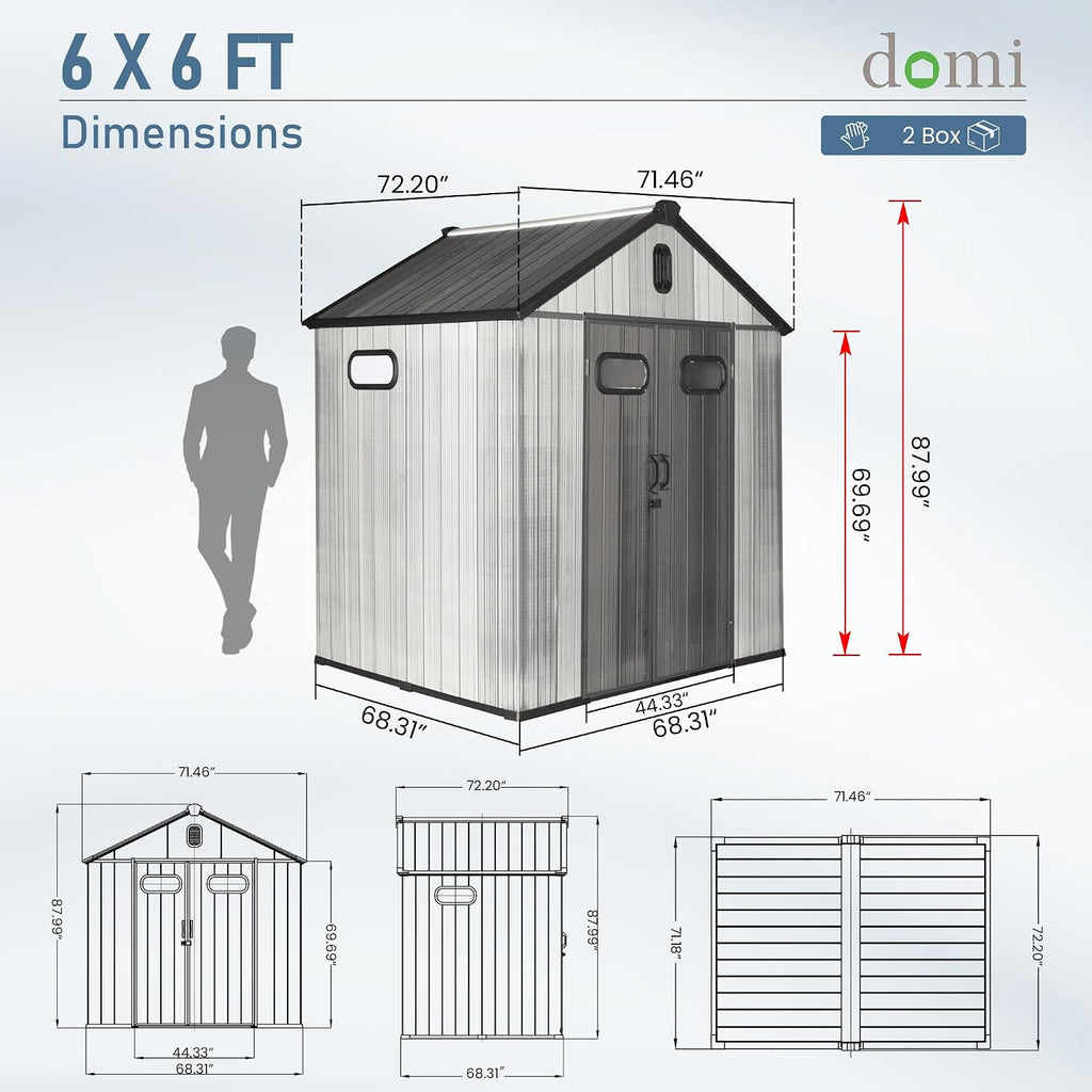 Domi 6x6 FT Outdoor Resin Storage Shed, All-Weather Double-Wall Storage Building for Backyard, Garden, Lawn Tools, Mower, Bike & Pool Equipment, Lockable Doors, Ventilated Roof, Grey