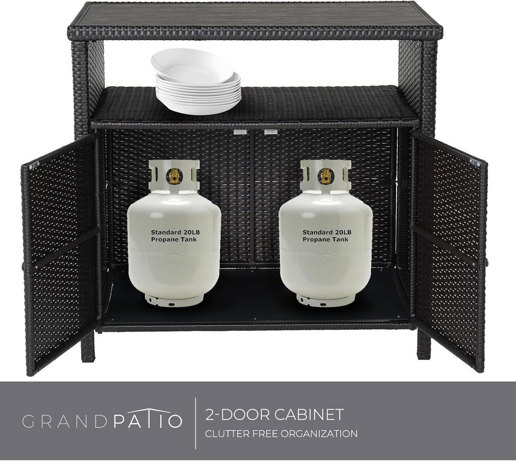 Grand patio Wicker Storage Cabinet Outdoor Waterproof Buffet Cabinet Patio Bar Table with Two Doors and Shelves Wicker Sideboard for Garden Kitchen Pool Dark Brown