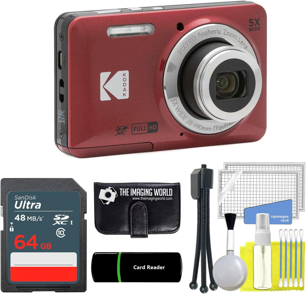 Kodak PIXPRO FZ55 Red 16MP Digital Camera 5X Optical Zoom 28mm Wide Angle 1080P Full HD Video 2.7' LCD Camera + 64GB Card and Reader + Memory Wallet + Tripod + Cleaning Bundle