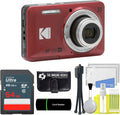 Kodak PIXPRO FZ55 Red 16MP Digital Camera 5X Optical Zoom 28mm Wide Angle 1080P Full HD Video 2.7' LCD Camera + 64GB Card and Reader + Memory Wallet + Tripod + Cleaning Bundle