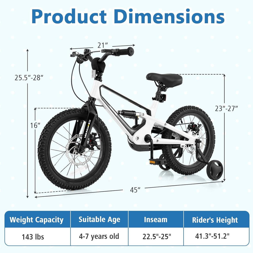BABY JOY Kids Bike, 16' Magnesium Sporty Bicycle with Dual Disc Brakes, Removable Training Wheels, Body Suspension, Adjustable Handlebar & Saddle, Girls Boys Bike
