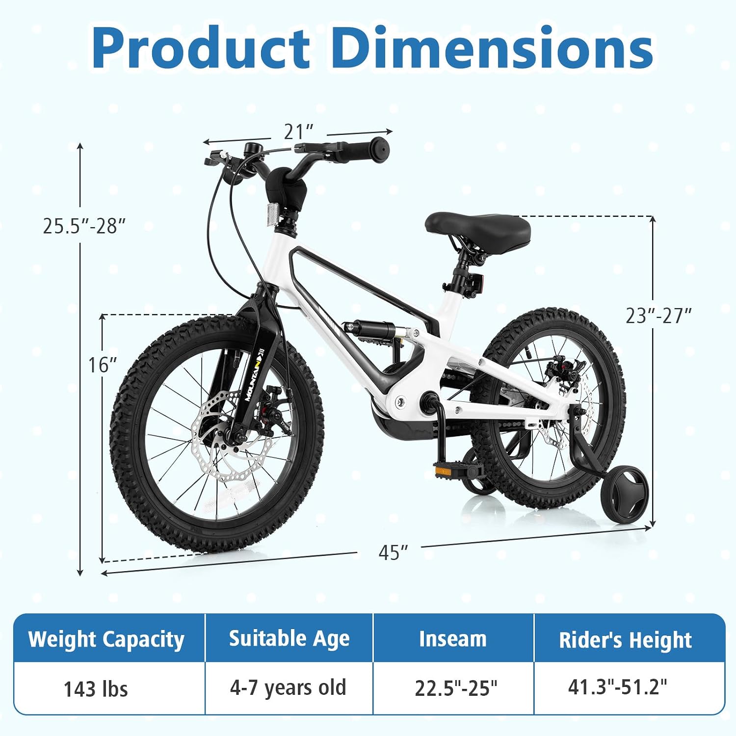 BABY JOY Kids Bike, 16' Magnesium Sporty Bicycle with Dual Disc Brakes, Removable Training Wheels, Body Suspension, Adjustable Handlebar & Saddle, Girls Boys Bike