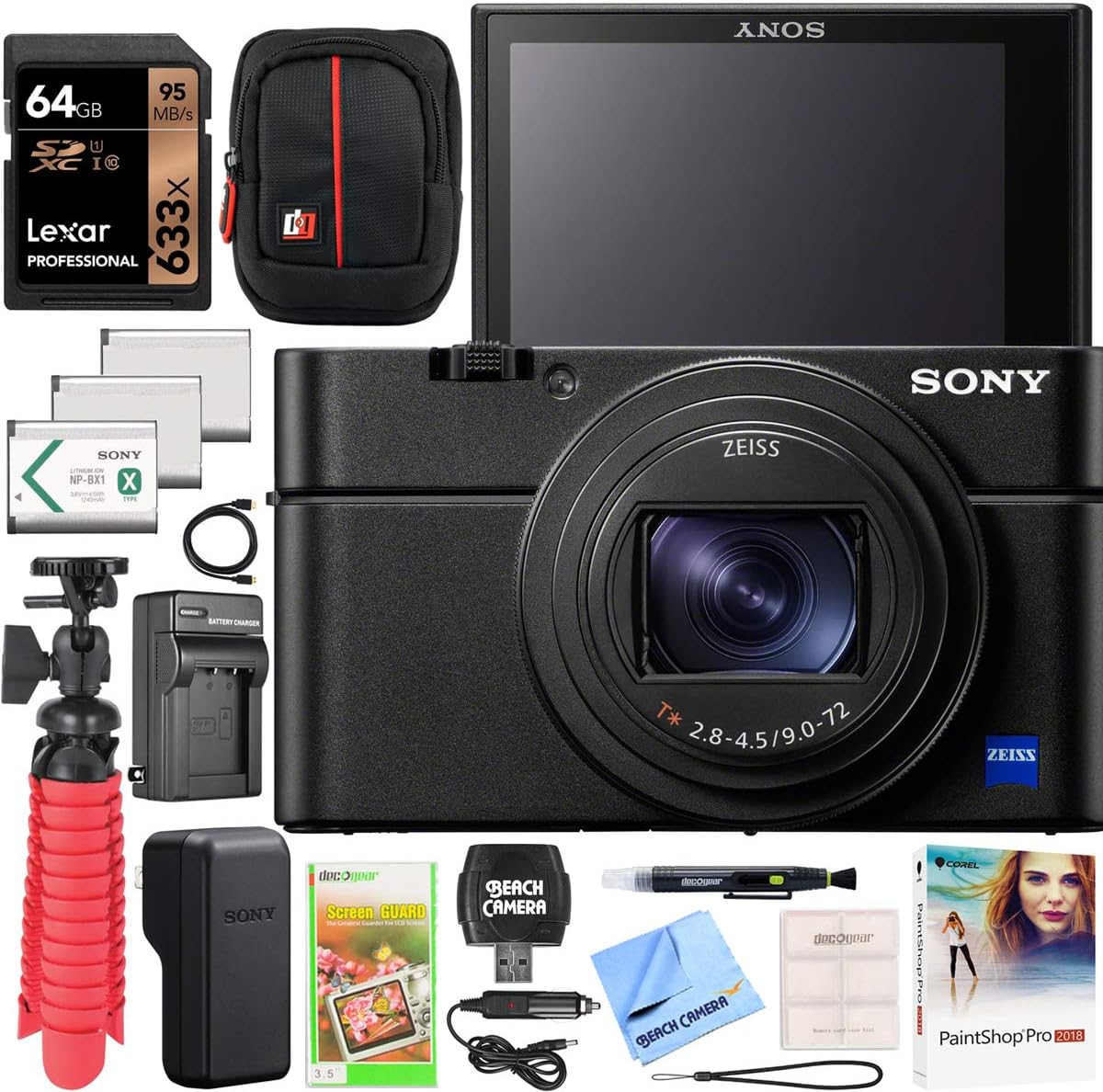 Sony Cyber-Shot RX100 VII RX100M7 Premium Compact Camera DSC-RX100M7 Enhanced Bundle with Triple 3X Battery Pack + 64GB Memory Card + Deco Gear Travel Case Accessory Kit & Photo Video Software
