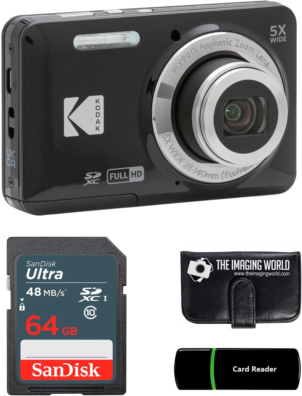 Kodak PIXPRO FZ55 Black 16MP Digital Camera 5X Optical Zoom 28mm Wide Angle 1080P Full HD Video 2.7' LCD Camera + 64GB Card and Reader + Memory Wallet