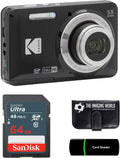 Kodak PIXPRO FZ55 Black 16MP Digital Camera 5X Optical Zoom 28mm Wide Angle 1080P Full HD Video 2.7' LCD Camera + 64GB Card and Reader + Memory Wallet