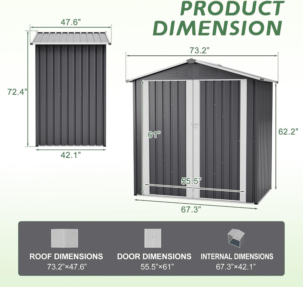 4×6 Ft Metal Outdoor Storage Shed with Floor Base, 0.25mm Galvanized Steel Metal Garden Shed Waterproof with Lockable Door for Backyard, Patio, Garden, Dark Grey
