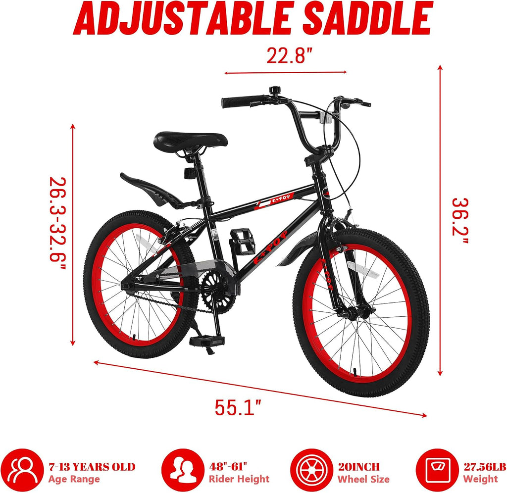 20 Inch Kids' Bike for Boys Aged 7-12, BMX-Style Boys Bike for Kids, Lightweight Children's Bicycles, Kids' Bicycles with Front and Rear Brakes, Adjustable Seat, Kickstand