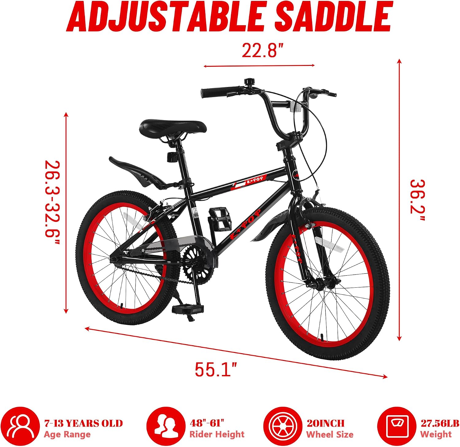 20 Inch Kids Bike BMX Style Boys Bike Ages 7-12, Lightweight Kids' Bicycles with Adjustable Seat, Boys Bikes 20 Inch Bicycle, Front and Rear Brakes