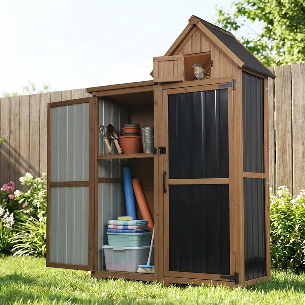All-in-One Metal & Wood Outdoor Storage Cabinet with Top Compartment, Waterproof Asphalt Roof, Removable Shelves, Heavy-Duty Patio Garage Organizer