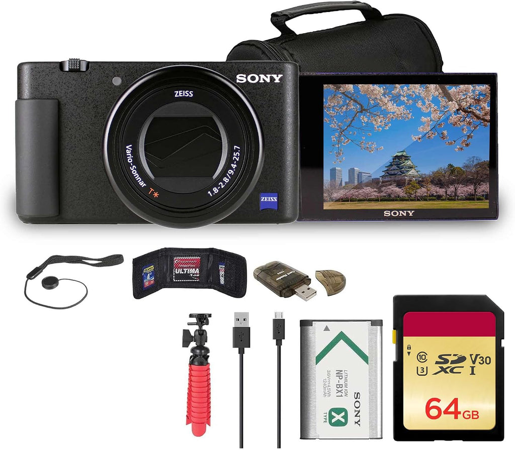 Sony ZV-1 Digital Camera (Black) (DCZV1/B) + 64GB Memory Card + Case + Card Reader + Flex Tripod + Memory Wallet + Cap Keeper + Cleaning Kit (Renewed)
