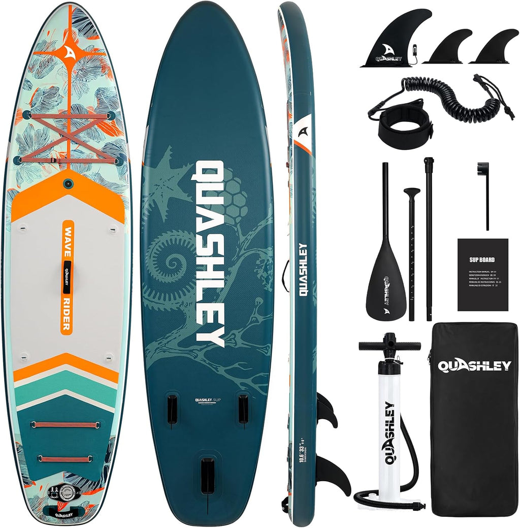 Quashley Inflatable Paddle Board Extra Wide Stand Up Paddleboards 11'×34' with All Premium Paddle Board Accessories,Inflatable SUP for Adults/Family,Beginner-Friendly,Removable Fin,Hand Pump