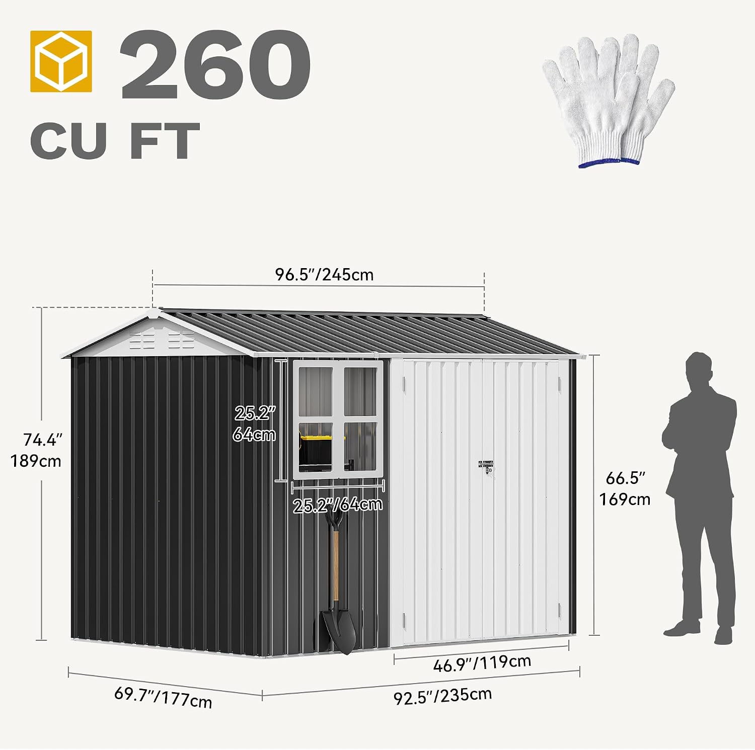 DWVO 8' x 6' Outdoor Storage Shed, Waterproof Metal Garden Shed with Windows, Lockable Doors, and Sloped Roof for Patio, Backyard, Lawn, Tool Storage, Bike Shed, Pet Shelter (Gray + White)