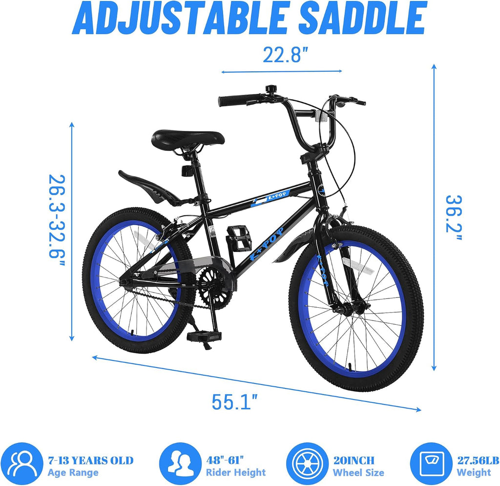 20 Inch Kids' Bike for Boys Aged 7-12, BMX-Style Boys Bike for Kids, Lightweight Children's Bicycles, Kids' Bicycles with Front and Rear Brakes, Adjustable Seat, Kickstand