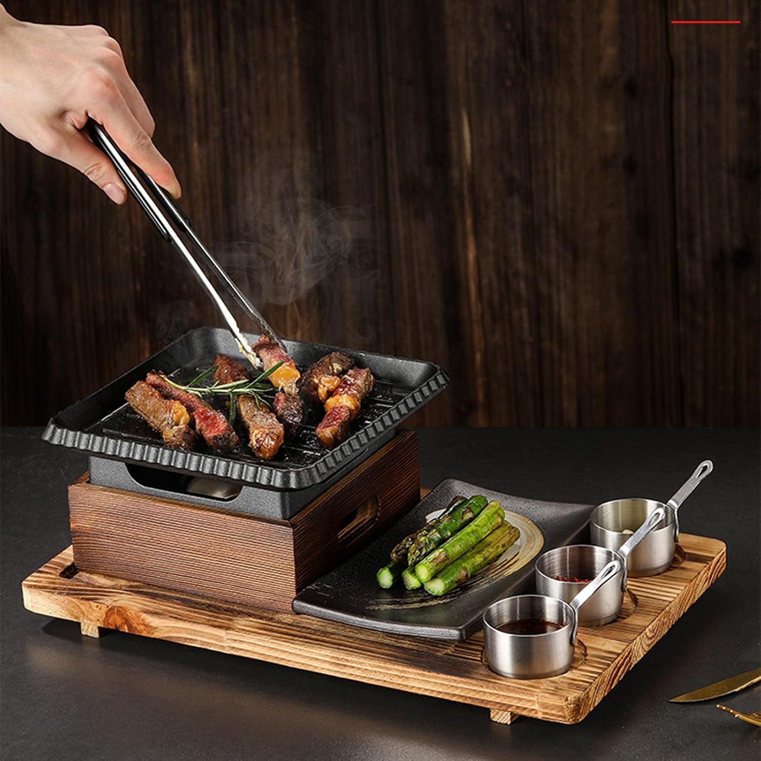 Japanese BBQ Grill Set, Portable Alcohol Barbecue Stove with Non-Stick Baking Pan, Dinner Plate, Seasoning Cups, and Wooden Base for Yakiniku, Yakitori,A