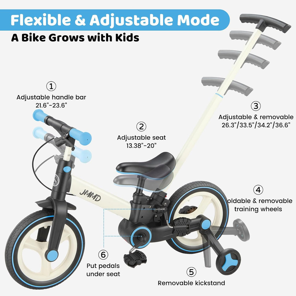JMMD 6 in 1 Toddler Bike with Push Handle for Kids 18-60 Months, 12' Foldable Balance Bike with Training Wheels, Pedals, Brakes, Kickstand, Push Tricycle Toddler Gift & Toys for Boy & Girl