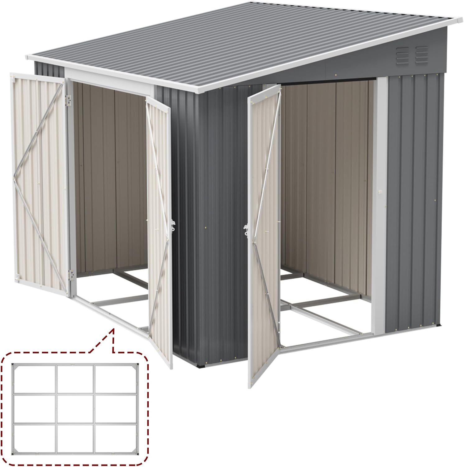 8x6FT Lean to Shed with Floor Frame, Metal Outdoor Storage Shed with Two Separate Doors for Garden Backyard Patio, Large Tool Shed for Bicycle&Lawn Mower Storage