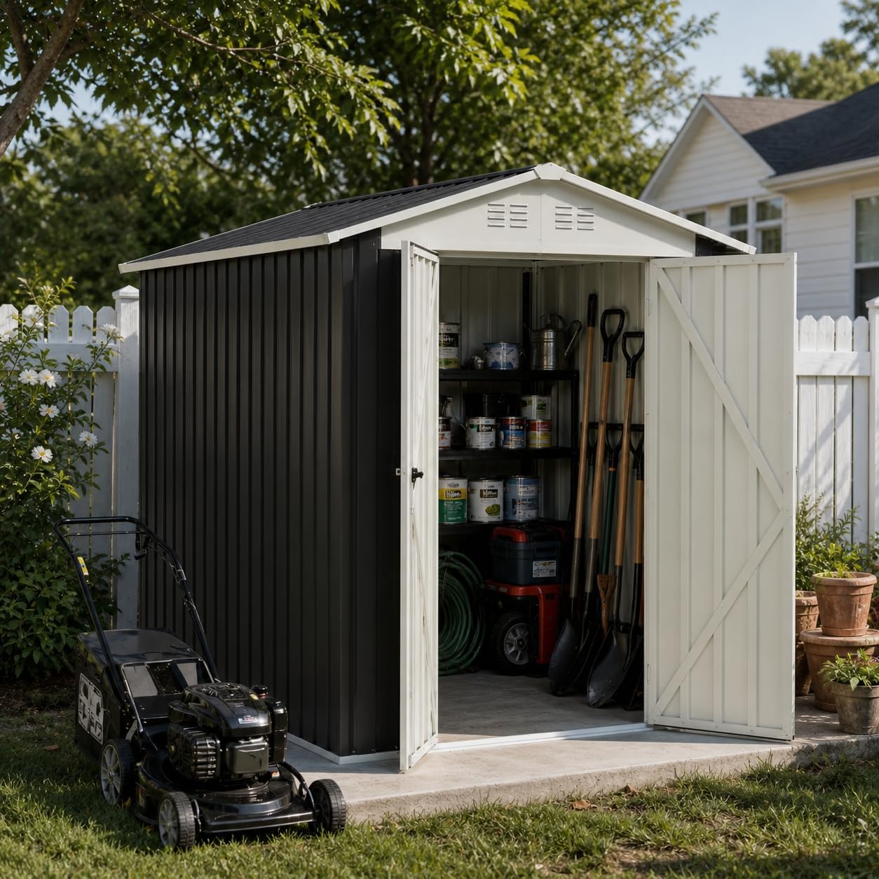 6x9FT Metal Storage Shed, Garden Tool Shed with Lockable Double Door & Sloping Roof, Outdoor Backyard Storage（Grey）