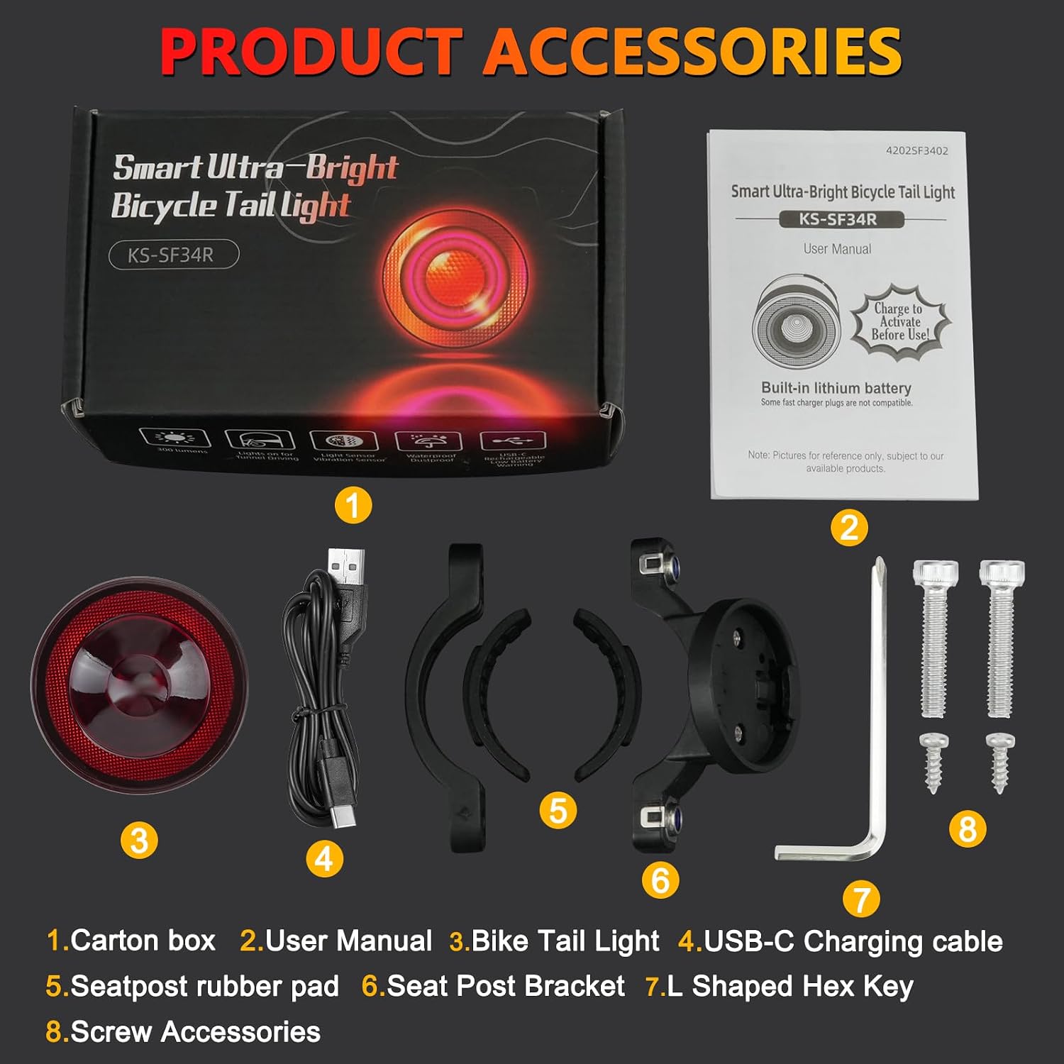 USUPERINK Rear Bike Light Rechargeable,Smart Brake Sensing Bike Tail Light,4 Light Modes 8 Brightness Levels220°Angle,Up to 300 Lumens, Waterproof Safety Road Back Bicycle Lights for Night Riding,30PK