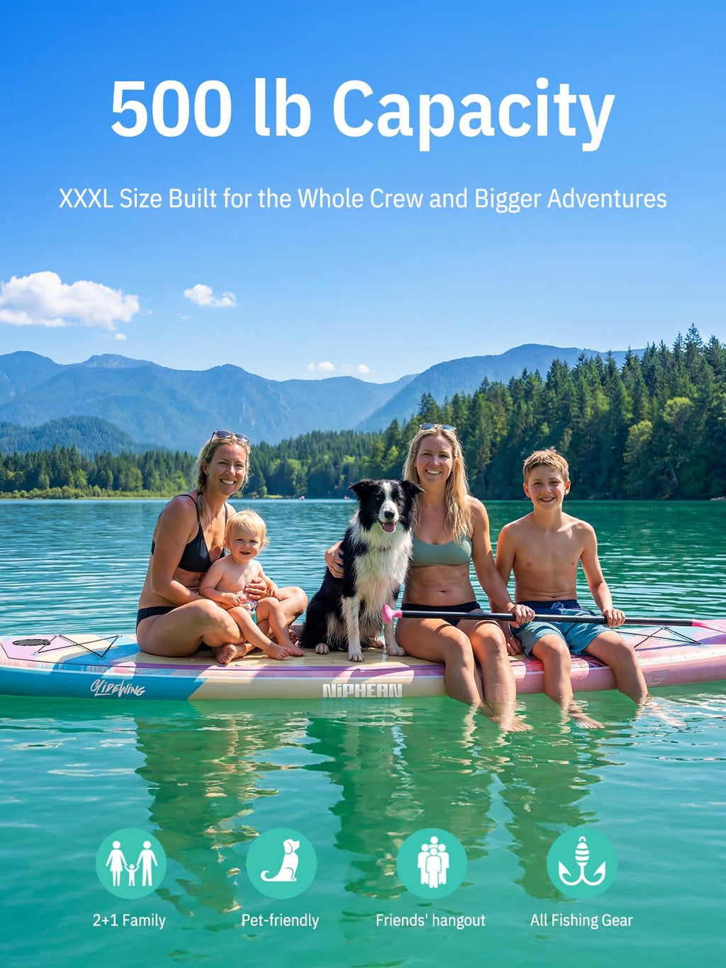 Niphean (Extra Large) Inflatable Paddle Board, SUP for 2+1 People/Family 500lbs Capacity Stand Up Paddle Board with SUP Accessories, StabilTrac Fin Non-Slip Paddleboard for Adults