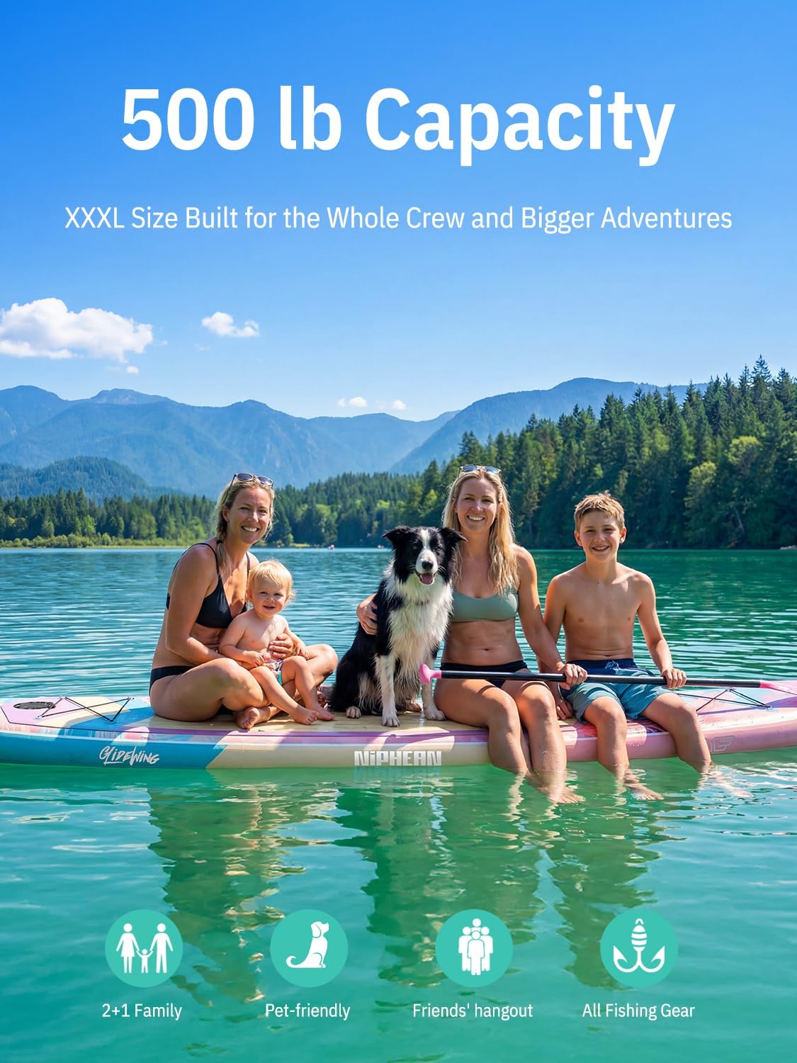Niphean (Extra Large) Inflatable Paddle Board, SUP for 2+1 People/Family 500lbs Capacity Stand Up Paddle Board with SUP Accessories, StabilTrac Fin Non-Slip Paddleboard for Adults