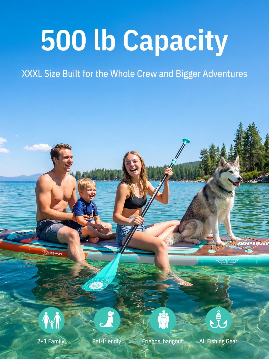 Niphean (Extra Large) Inflatable Paddle Board, SUP for 2+1 People/Family 500lbs Capacity Stand Up Paddle Board with SUP Accessories, StabilTrac Fin Non-Slip Paddleboard for Adults