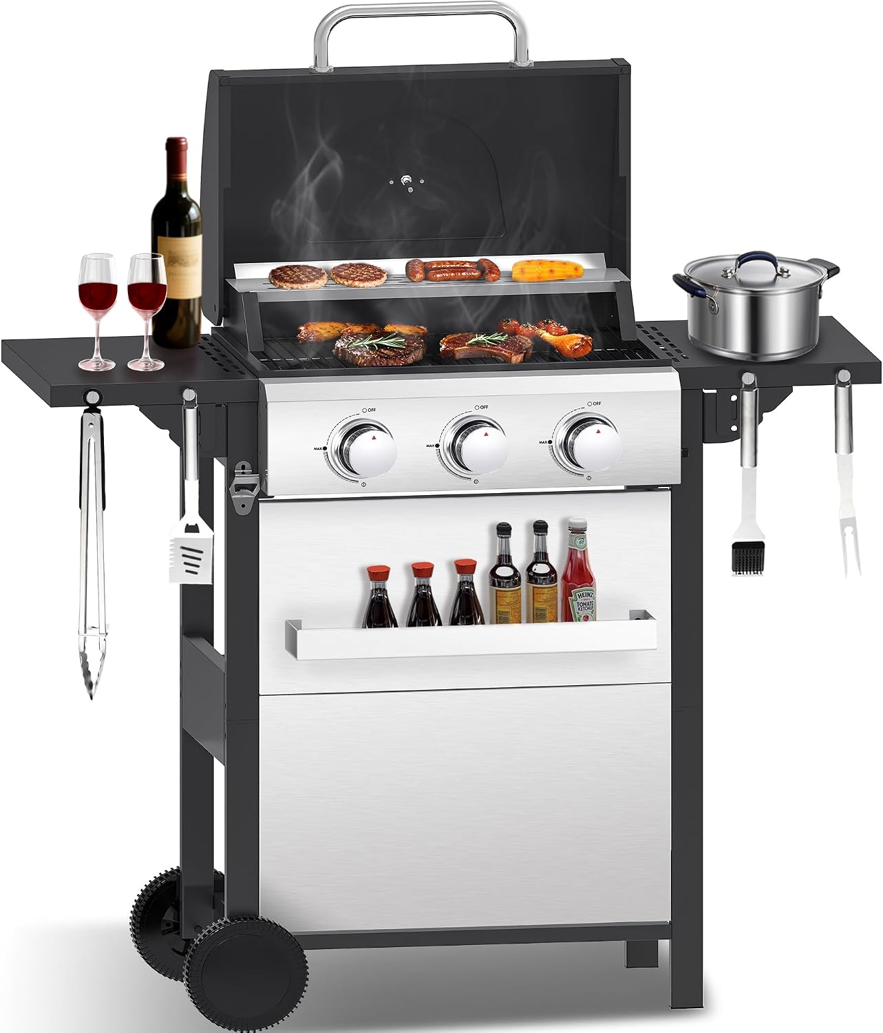 CIG GARDEN 3-Burner Propane Gas Grill,Outdoor Barbecue Grill with Side Tables and Wire Enamel Cooking Grids,31,500 BTU Output Stainless Steel Grill for Patio Garden Camping Backyard BBQ