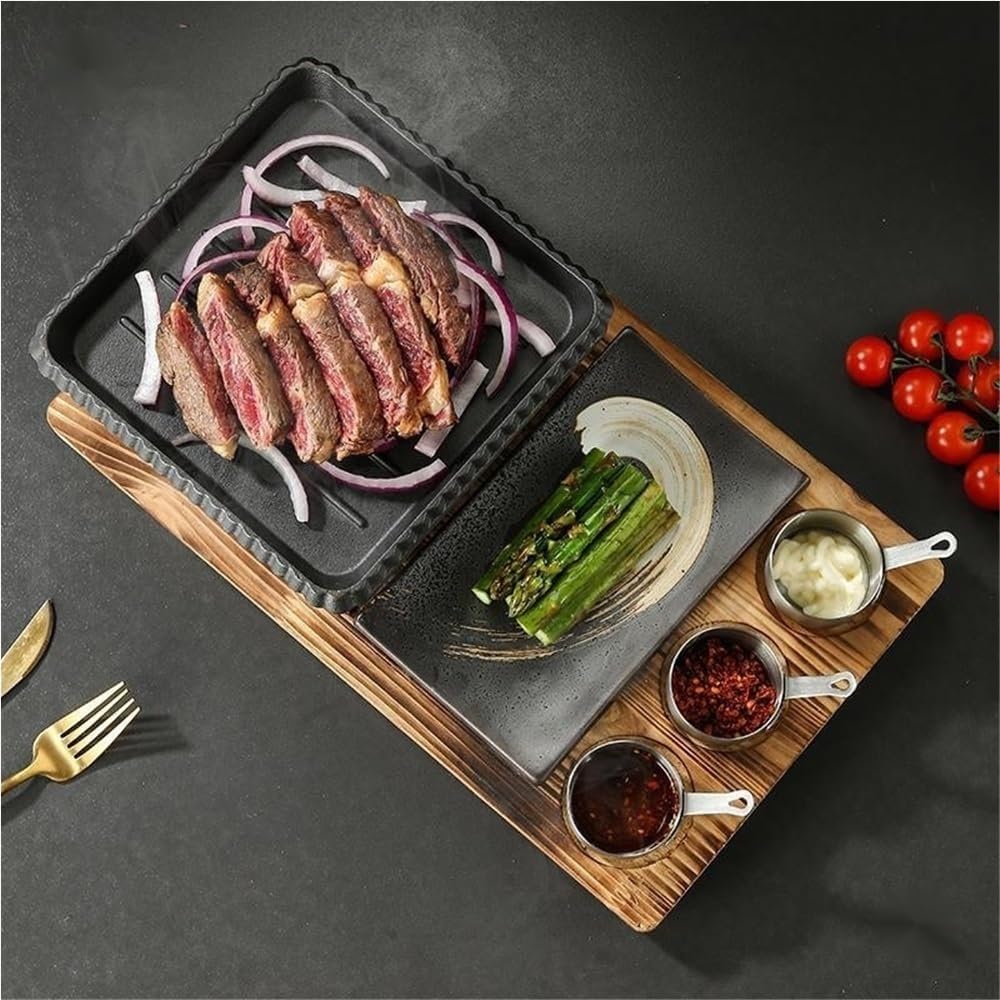 Compact Tabletop BBQ Grill Set with Wooden Stand, Portable Alcohol Barbecue Stove for Indoor Cooking, Outdoor Picnics, Camping, Small Parties(Small)