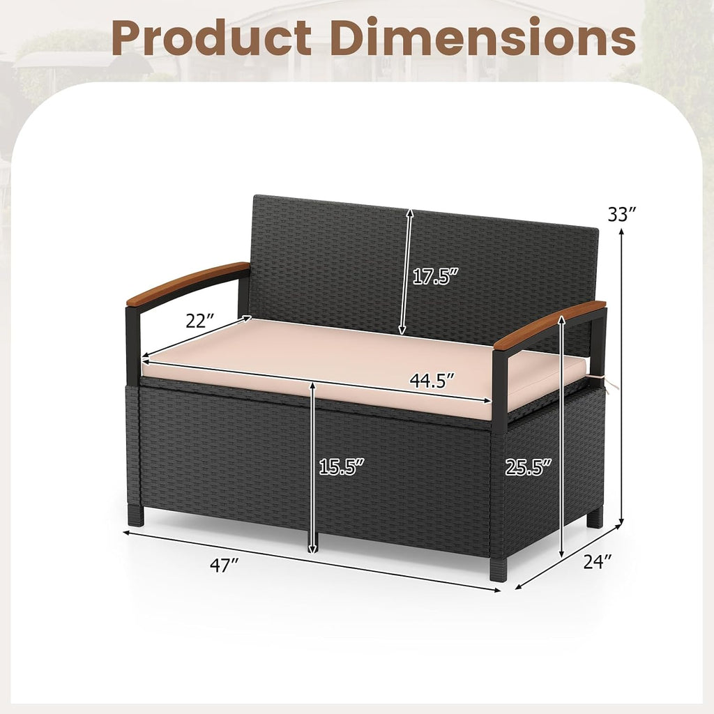 Tangkula 46 Gallon Outdoor Bench with Storage, Outdoor PE Rattan Storage Bench with Cushion, Backrest & Acacia Wood Armrests, Metal Frame, Waterproof Deck Box Seat for Porch Backyard Poolside