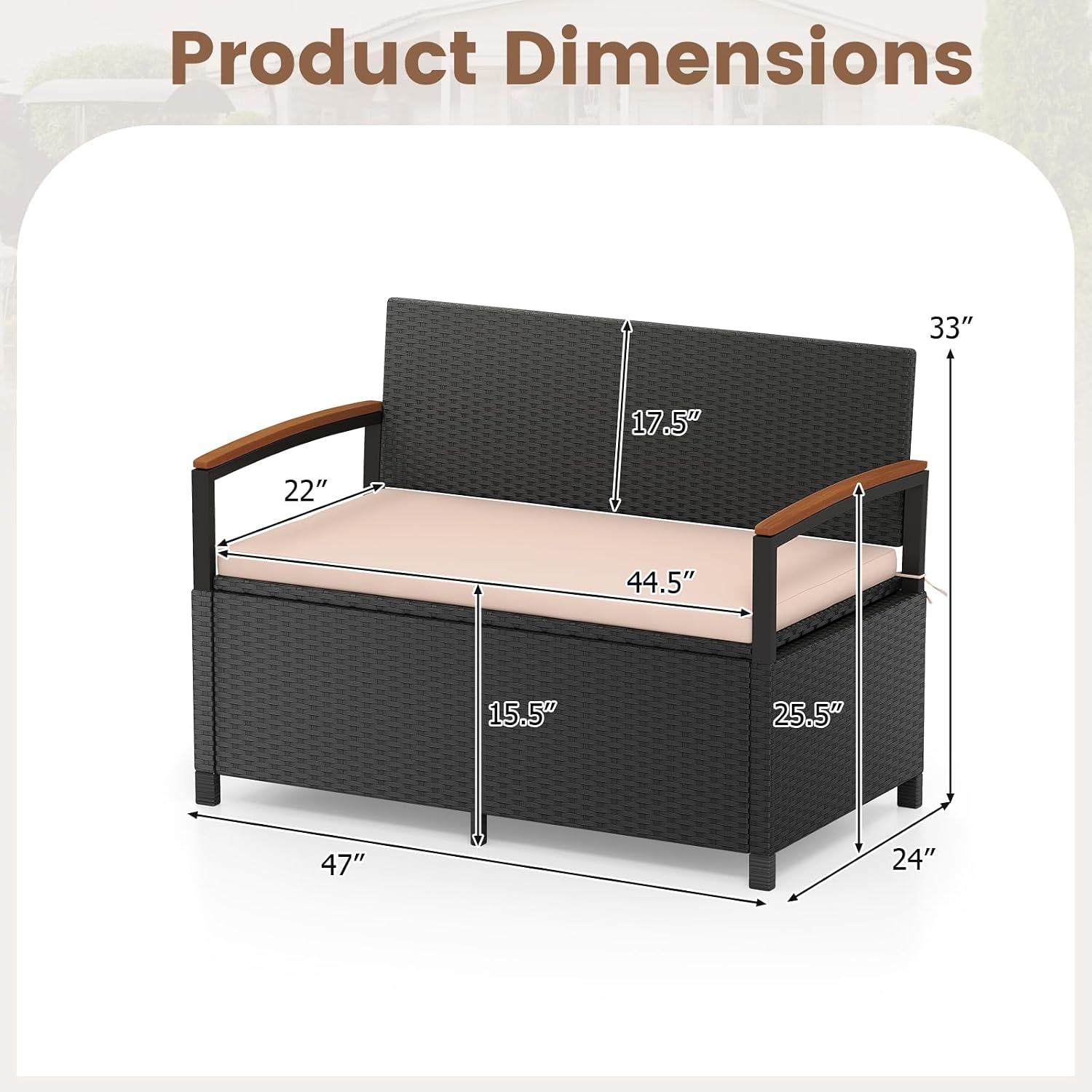 Tangkula 46 Gallon Outdoor Bench with Storage, Outdoor PE Rattan Storage Bench with Cushion, Backrest & Acacia Wood Armrests, Metal Frame, Waterproof Deck Box Seat for Porch Backyard Poolside