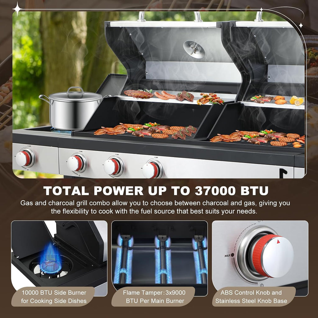 Gas and Charcoal Combo Grill with Side Burner, 37,230 BTU Outdoor BBQ Grill with Porcelain-Enameled Cast Iron Grates and Griddle Plate, Thermometer, Storage Cabinet Rack for Patio, Garden, Backyard