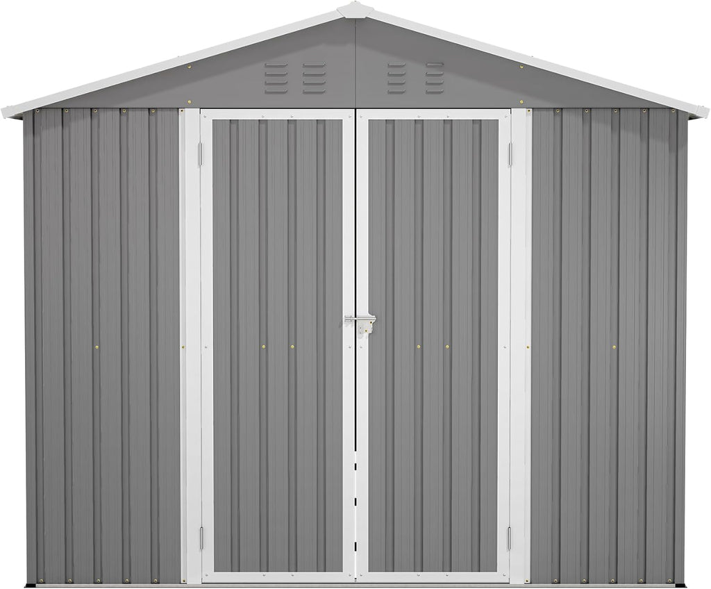 YOPTO 8x12 FT Large Outdoor Storage Shed with Lockable Doors & Floor Base,Weather-Resistant Metal Tool Shed for Garden, Backyard,Patio,Lawn,Gray