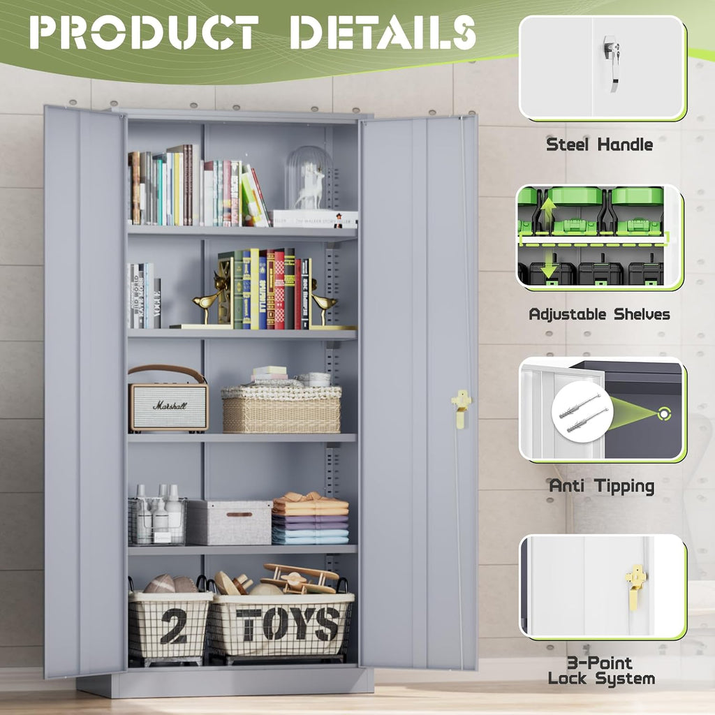 Incbruce 72' H x18 D Patio Metal Storage Cabinet, Outdoor Storage Cabinet with Doors and Adjustable Shelves, Tool Shed for Home, Patio, Office (Grey)
