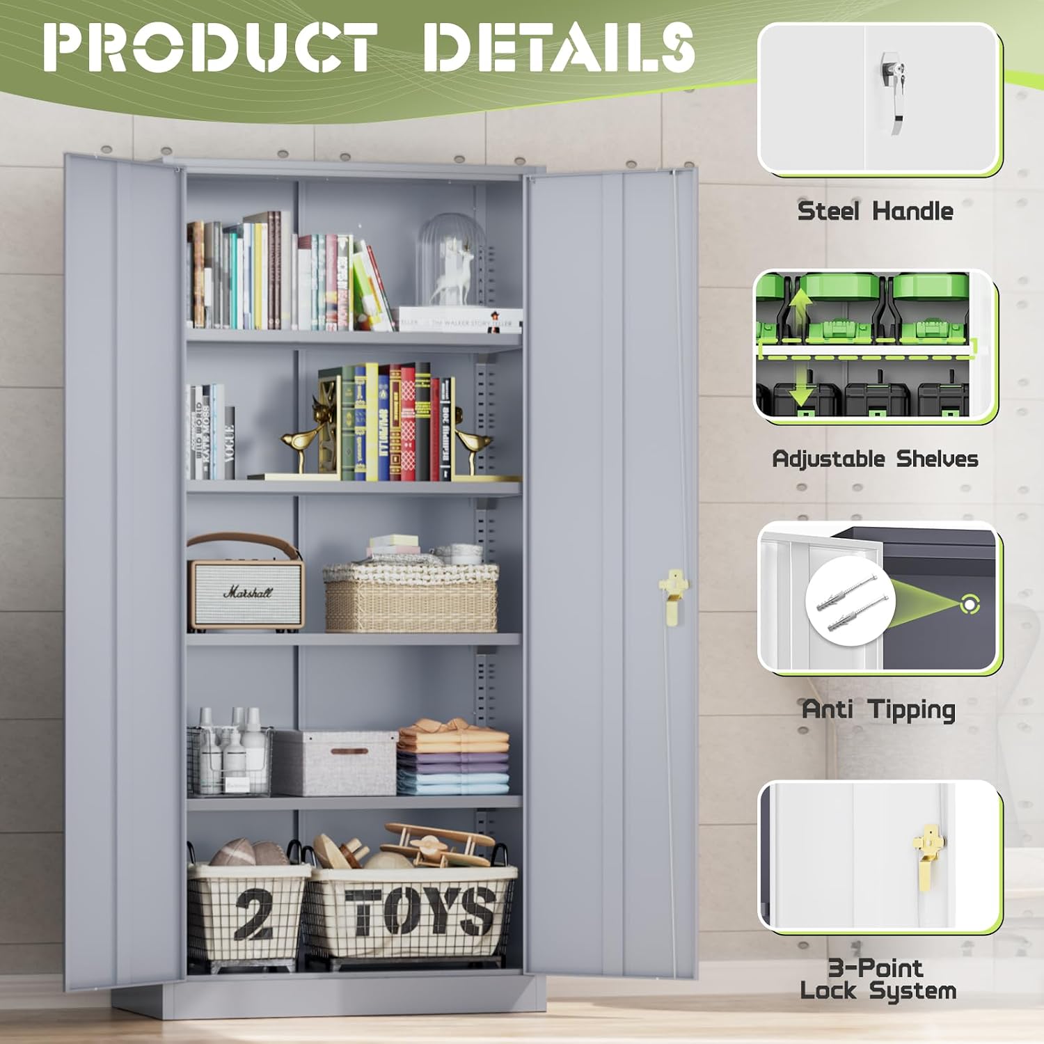 Incbruce 72' H x18 D Patio Metal Storage Cabinet, Outdoor Storage Cabinet with Doors and Adjustable Shelves, Tool Shed for Home, Patio, Office (Grey)