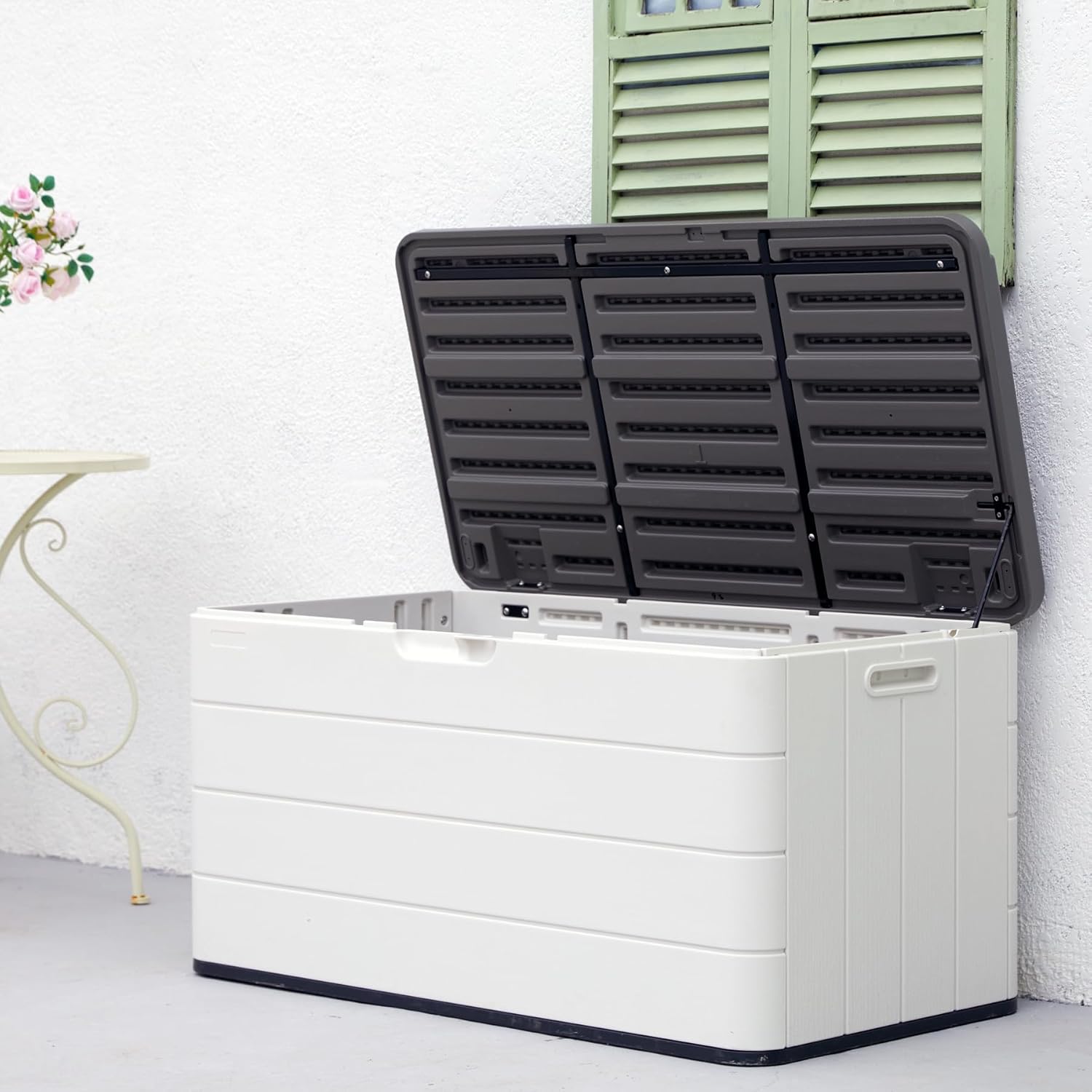 Mrosaa 110 Gallon Outdoor Deck Box, Outside Storage Box Waterproof for Cushion Storage, Garden Tools, Lockable Outdoor Storage Bin, Light Beige