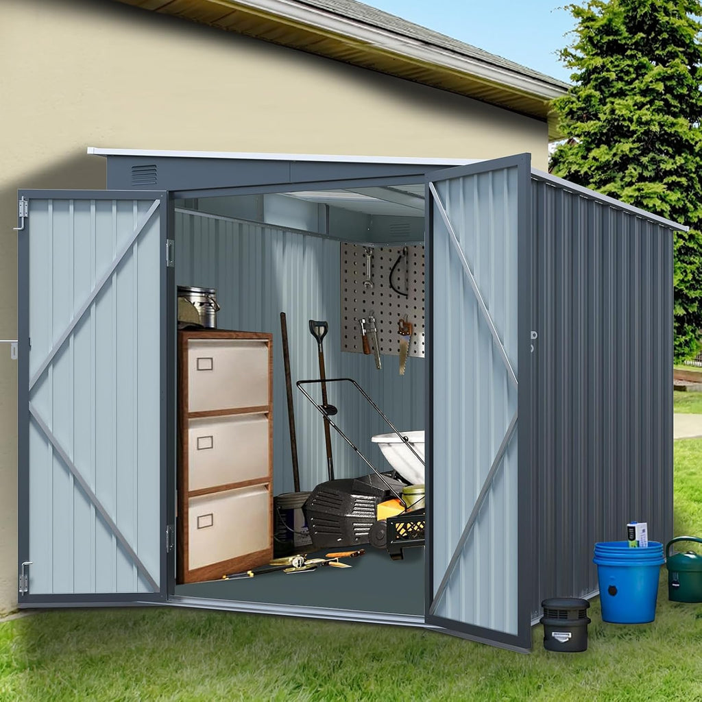 6x8 FT Outdoor Storage Shed, Galvanized Steel Metal Storage Shed with Lockable Doors, Storage Sheds Outdoor with Floor & Ventilation, Sloped Roof Metal Building for Tools (6x8 FT Steel)