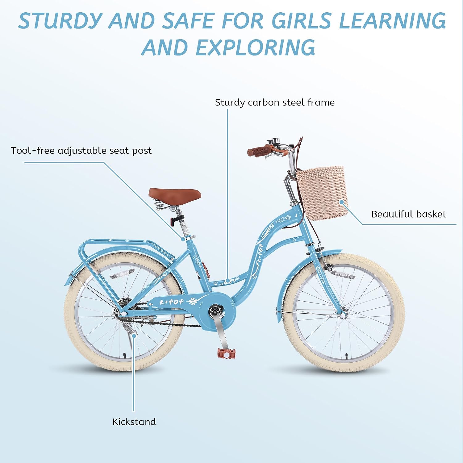 Girls Bikes Ages 8-12, 20 Inch Girls Bike Kids Bicycle with Basket, Lightweight Kids' Bicycles with Front and Rear Brakes, Cruiser Bike for Children, Multiple Colors