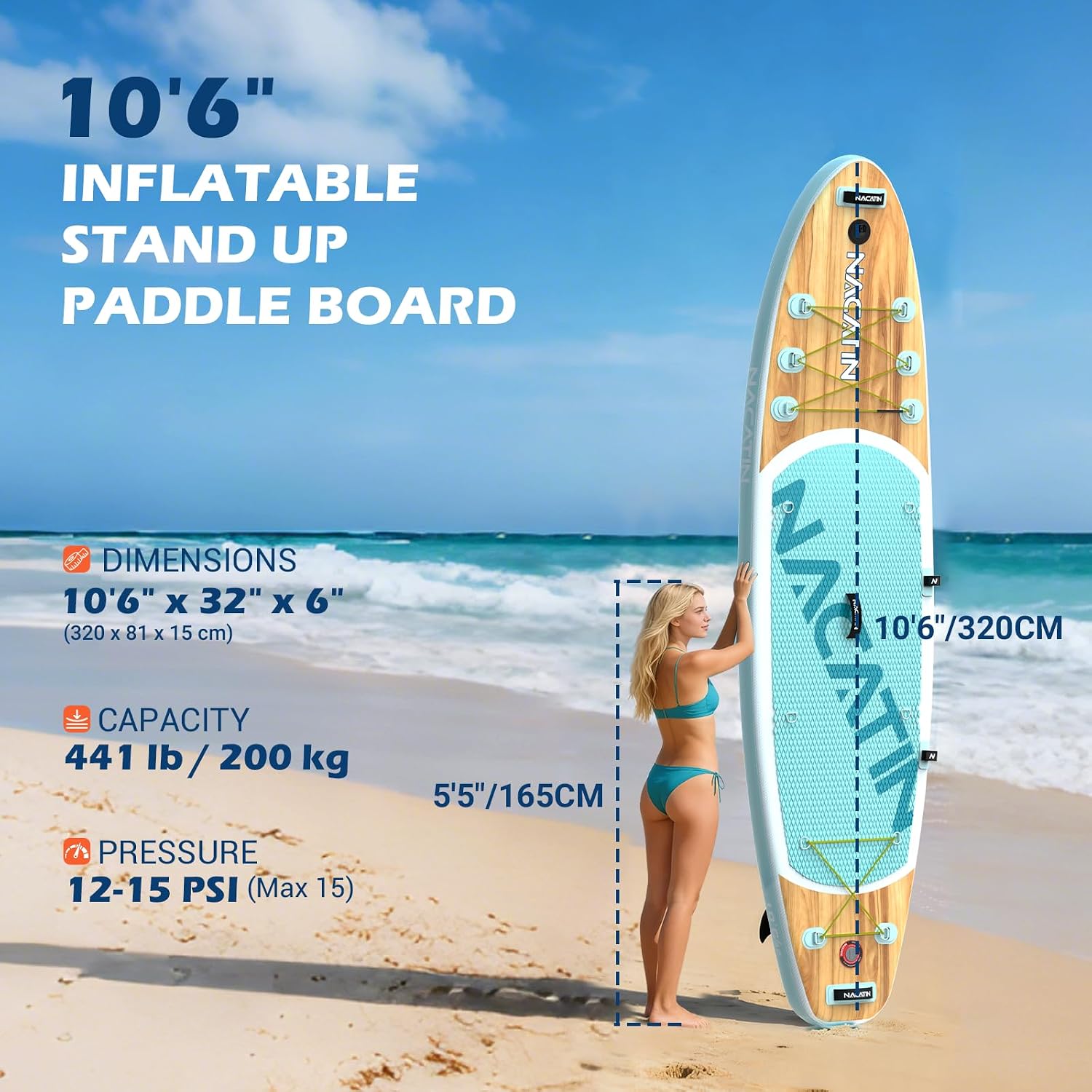 NACATIN Inflatable Stand Up Paddle Board,10'6'Upgrade Version Blow Up Paddle Boards for Adults with Premium SUP Accessories& Backpack,Adjustable Paddle,Camera Mount,Hand Pump, for Lake, River, Yoga